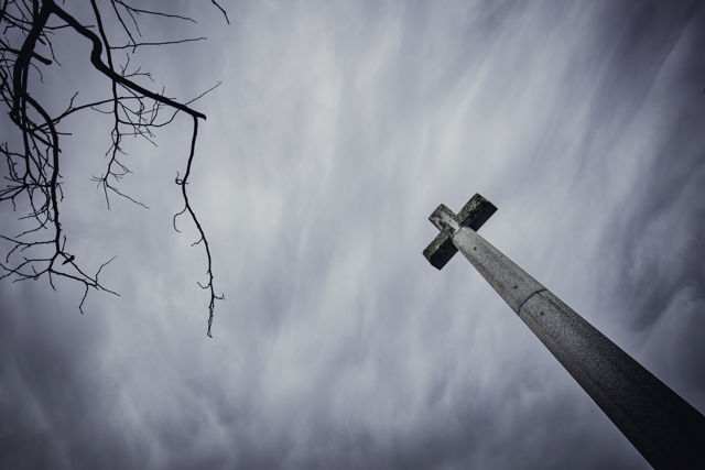 Great War Memorial Cross - Dark mysterious skies with the Napier Great War Memorial Cross and winter tree
