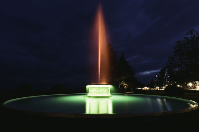 Tom Parker Fountain - At night the fountain comes alive with changes of light and pattern. A rainbow of colours are shown in sequence