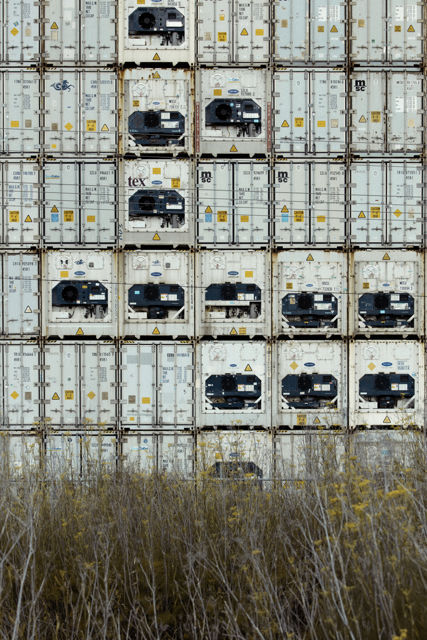 Space Invaders - A large stack of shipping containers, with a pattern that reminds of the classic arcade video game