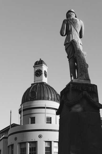Eleven to Five - The South African War Memorial with the Dome Building in the background. A pair of famous Napier landmarks.