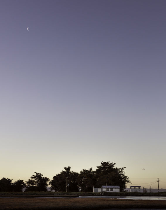High As The Moon - Dusk view across Ahuriri Esutary to the pump sheds, with the crescent moon high above