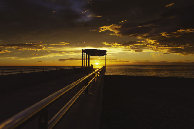 We Fell In Love Down At The Pier - A couple share a moment at sunrise on the viewing platform, Napier, New Zealand.