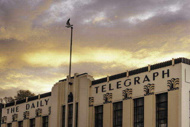 The Daily Telegraph - A fiery sunset (and departing seagull) over the beautiful Art Deco Daily Telegraph building in Napier, Hawke's Bay