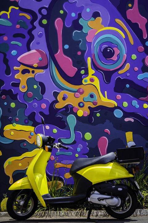 Scooter & Seawall Mural By Christie Wright - A colourful mural with a bright yellow scooter parked in front. This mural is located behind the Anglican Cathedral in Napier addresses plastic pollution like cigarette butts going into the ocean