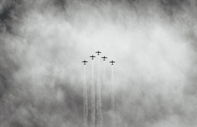 Chevron Five B&W - Five classic Harvard aircraft climbing in formation at Napier, New Zealand for Art Deco 2020.