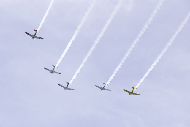 Aces Five - Five classic Harvard aircraft flying in formation over Napier, New Zealand for Art Deco 2020