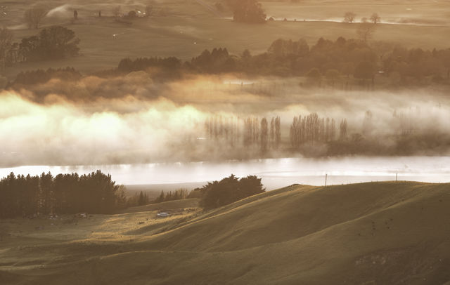 Misty Tukituki Valley V - Sunlight through early morning fog over the Tukituki river