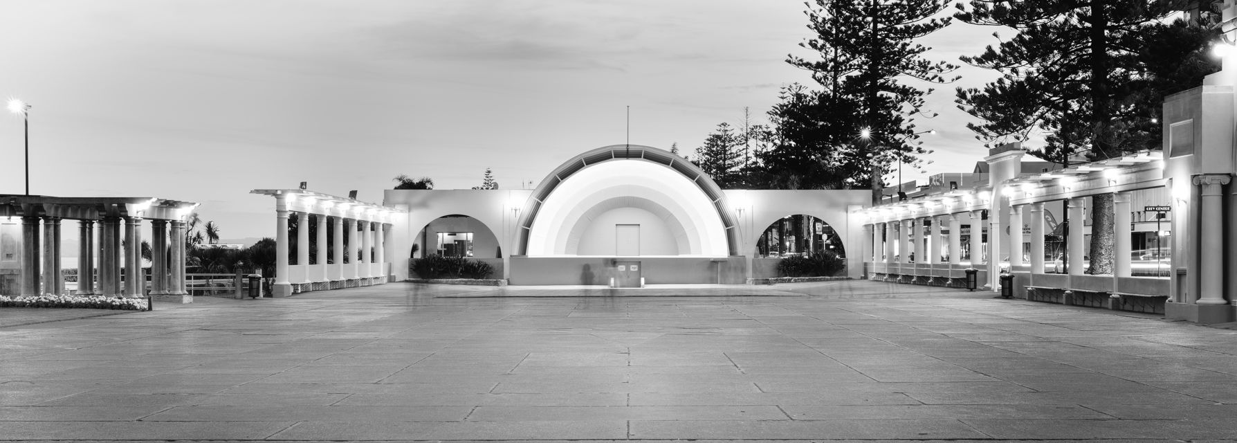Napier Soundshell B&W - A long exposure of a small group of people at the Napier Soundshell in Hawke's Bay, New Zealand